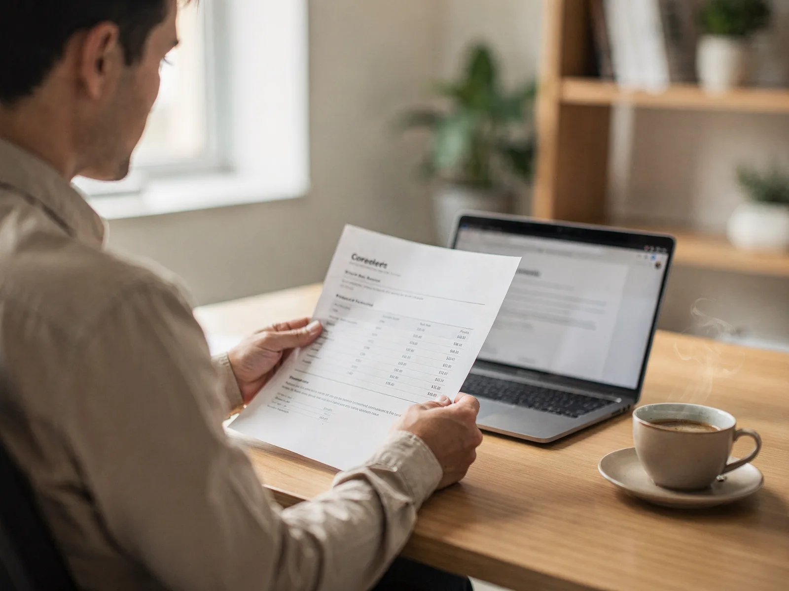 Bookkeeper at a tidy desk reviewing a printed profit-and-loss statement beside a laptop and a coffee