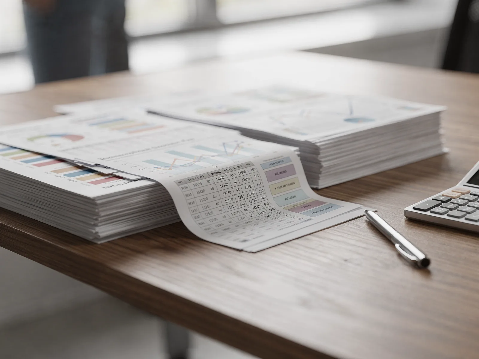 Neatly organised monthly financial reports stacked beside a reconciled bank statement