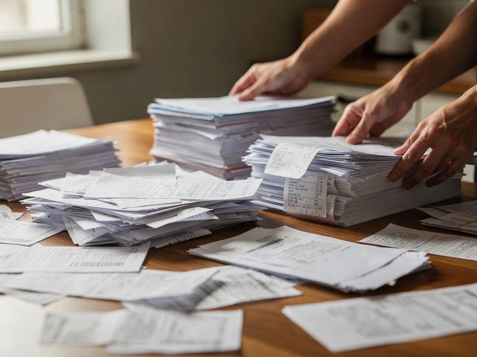 Two years of disorganised receipts and bank statements spread across a table being sorted into piles