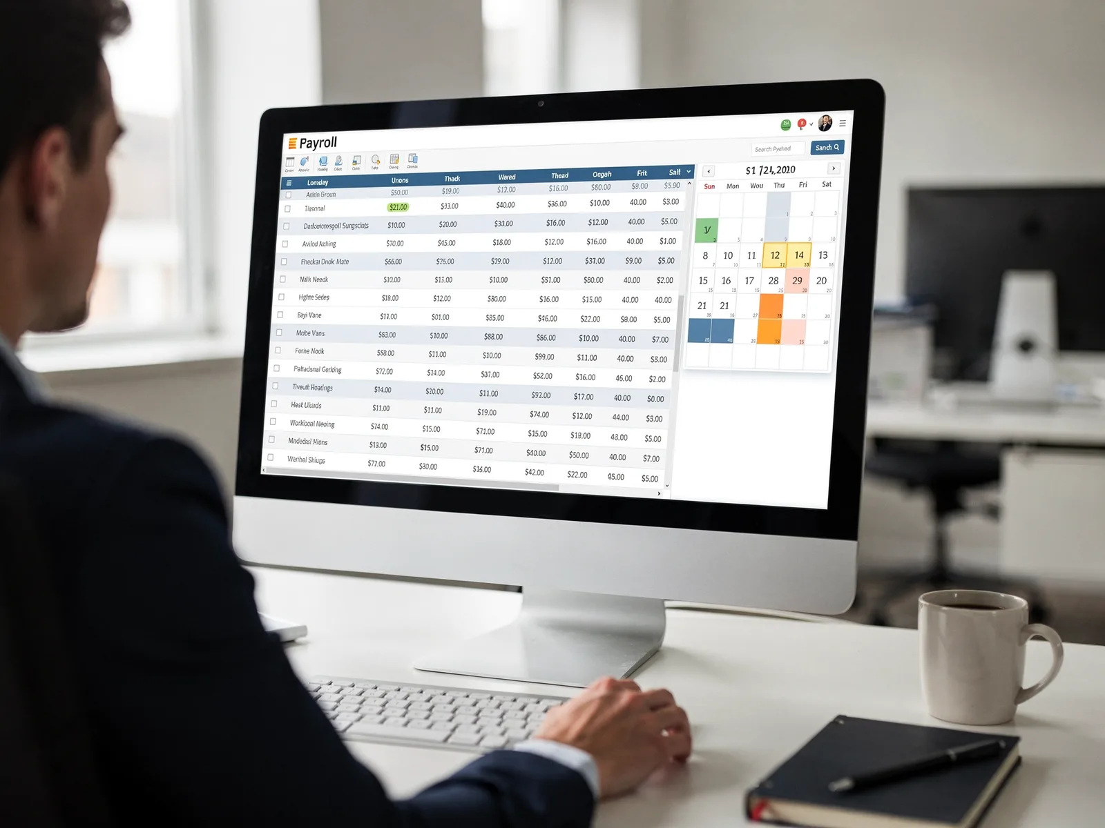 Payroll register on a screen showing employee hours, withholdings and a filing calendar