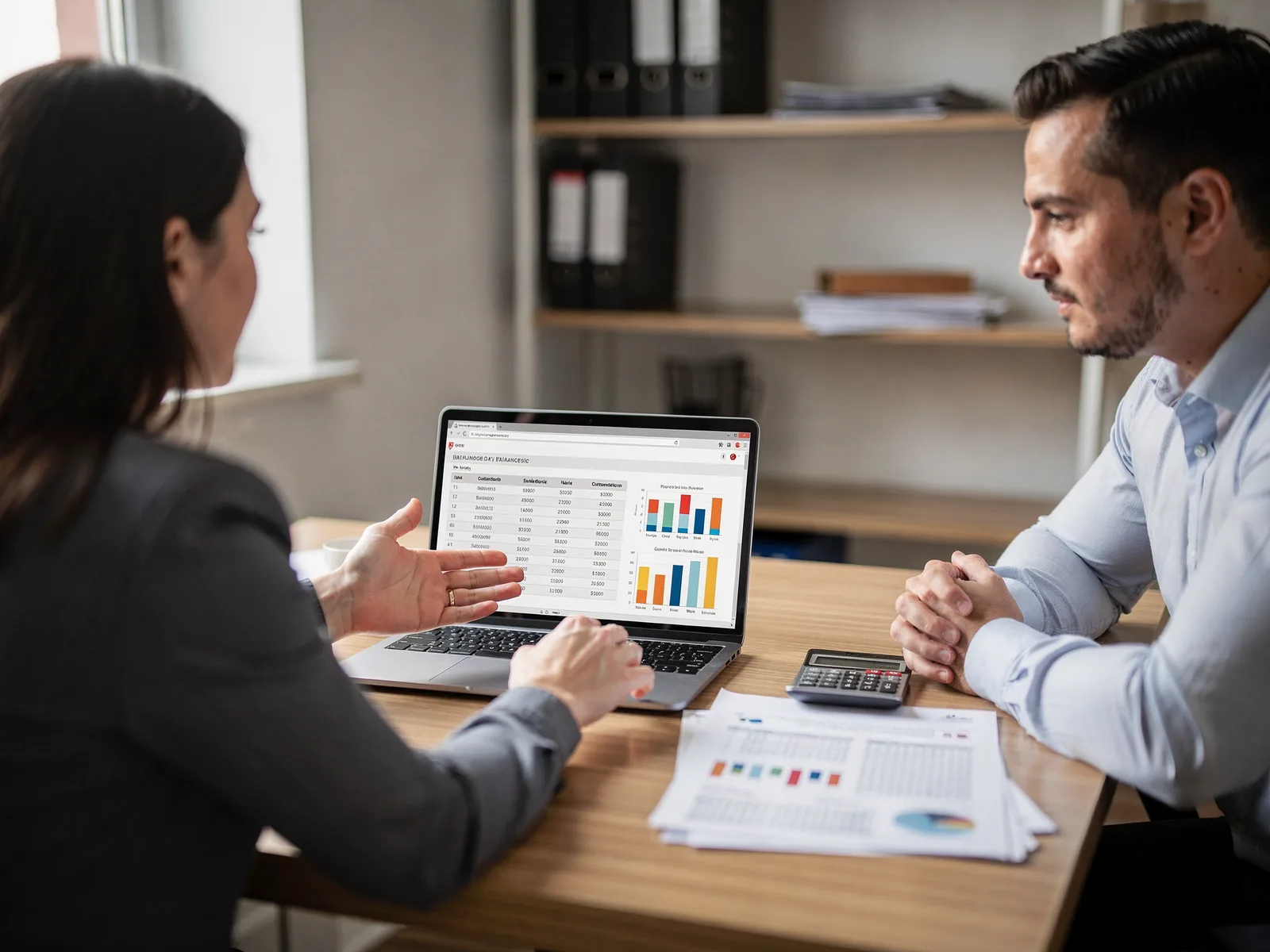 Bookkeeper and small-business owner talking across a desk with a laptop showing a balance sheet