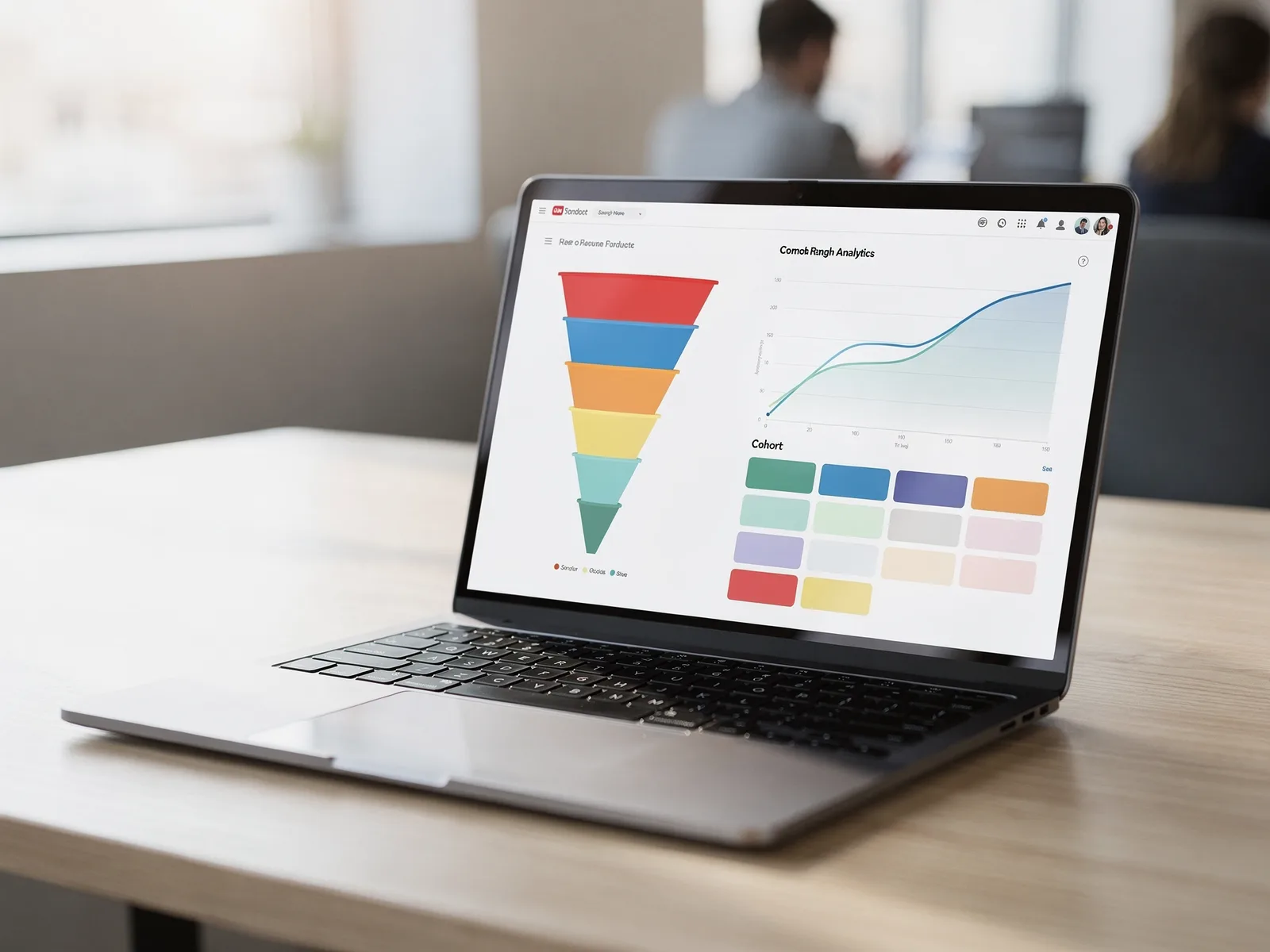 Product analytics dashboard showing a funnel chart, a retention curve and a cohort grid on a laptop screen