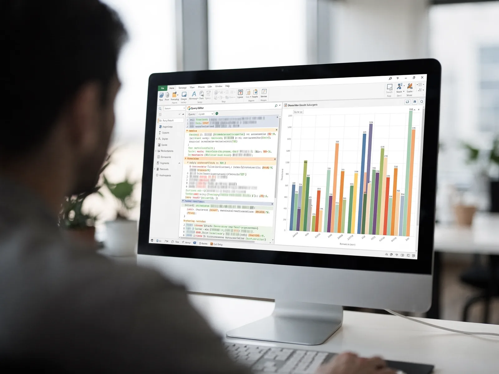 Query editor panel displaying generated SQL beside a chart of the same result