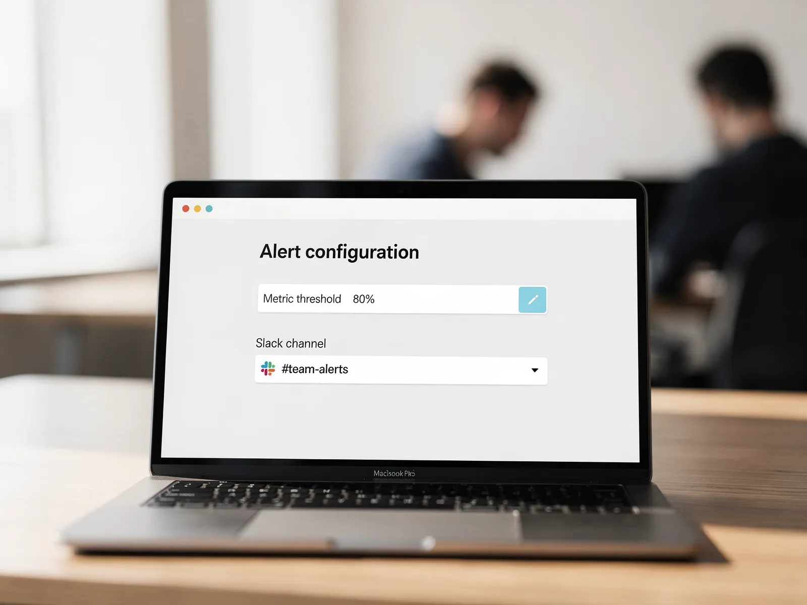Alert configuration screen with a metric threshold and a Slack channel selected