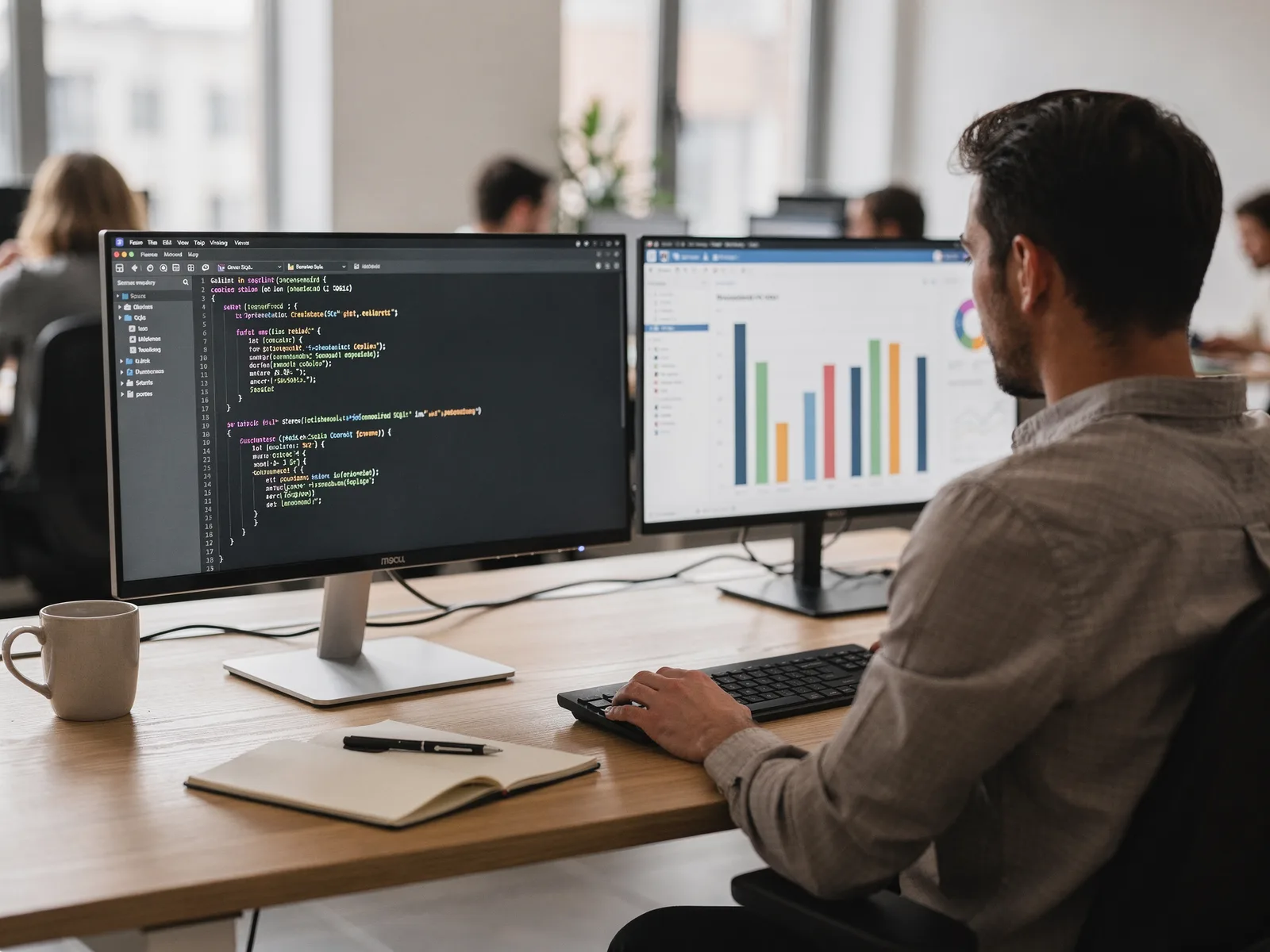 Two colleagues at a desk reviewing a generated SQL query on one monitor and a chart on another