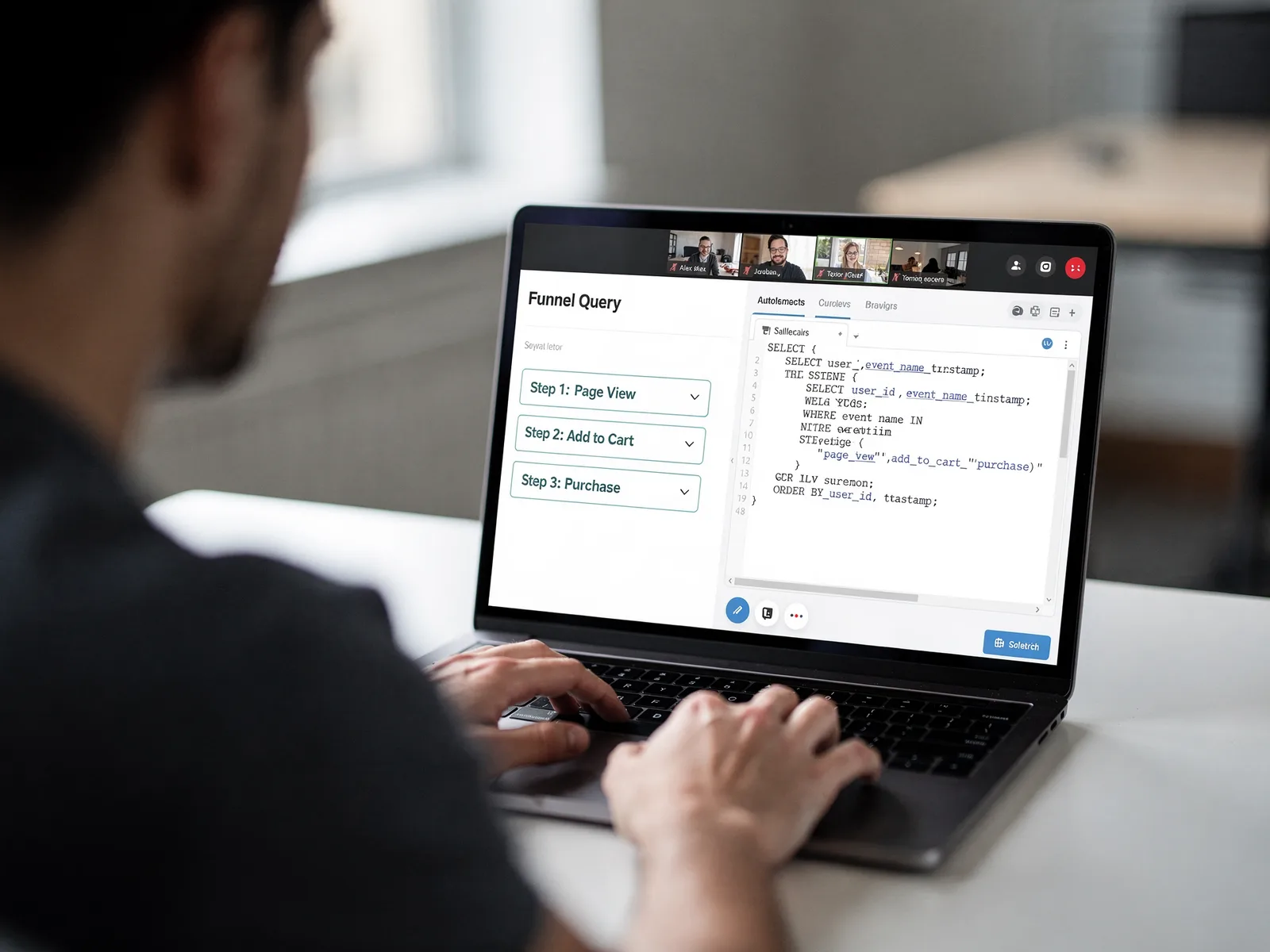 Solutions engineer on a video call sharing a screen showing a funnel query and its generated SQL