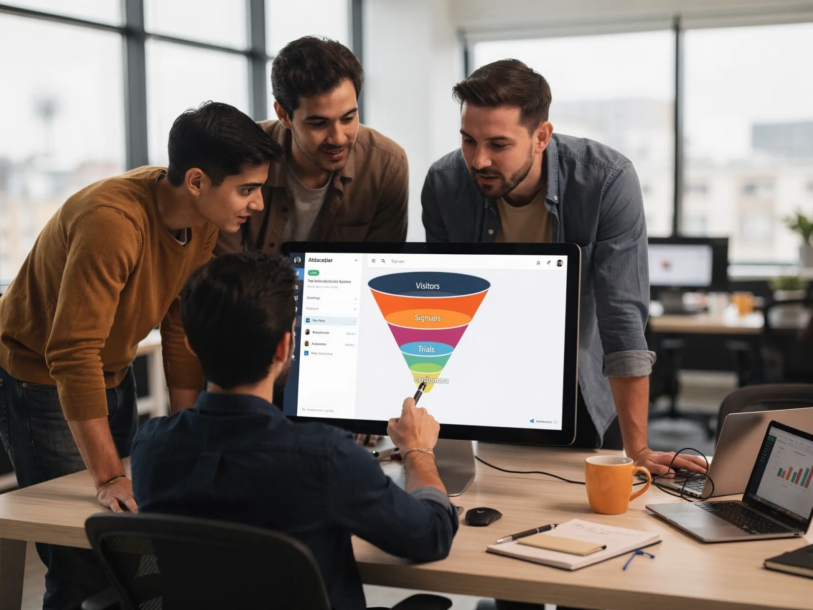 Small product team gathered around a single monitor showing a funnel chart