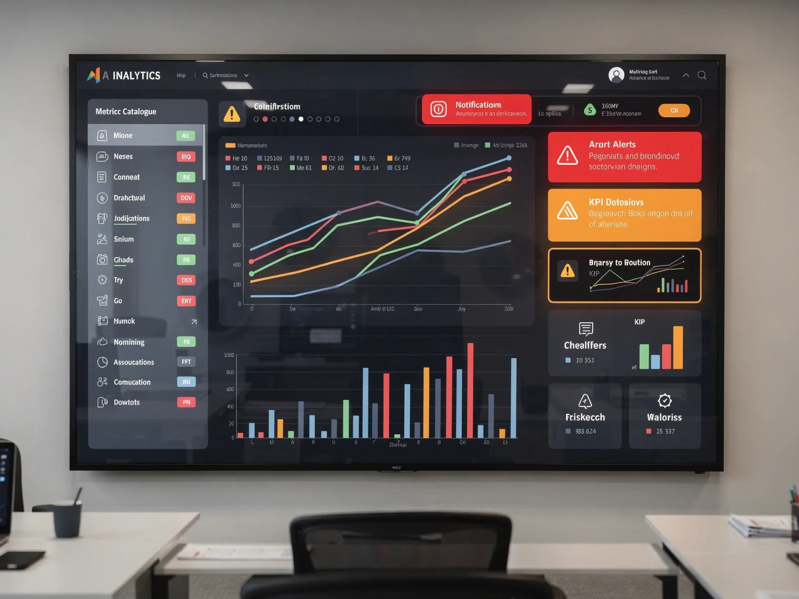 Larger analytics dashboard on a wall display with alerts and a metric catalogue panel visible