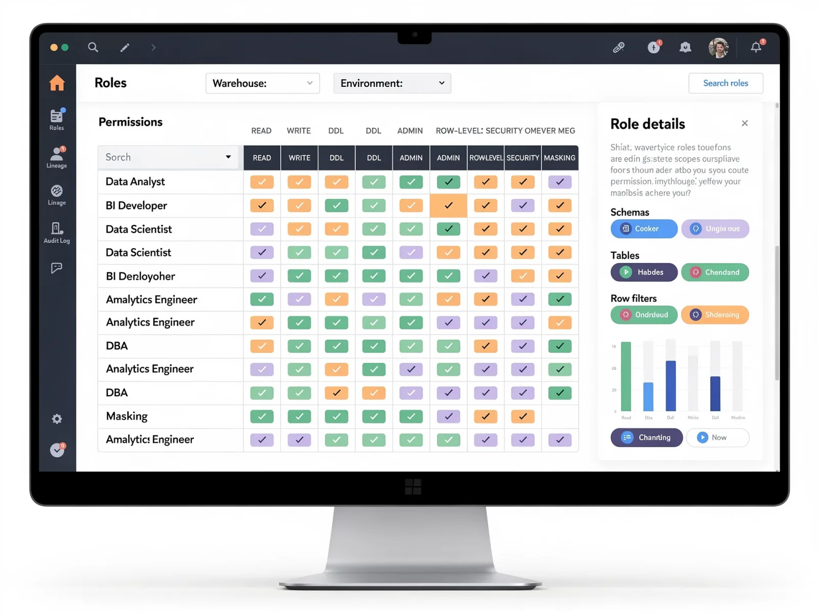 Enterprise access-control interface mapping analytics roles onto warehouse permissions