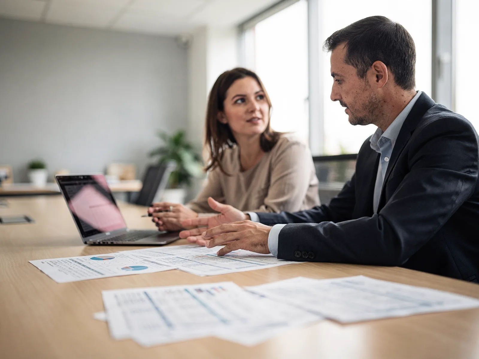Partner and a small business owner in a bright meeting room reviewing financial statements together