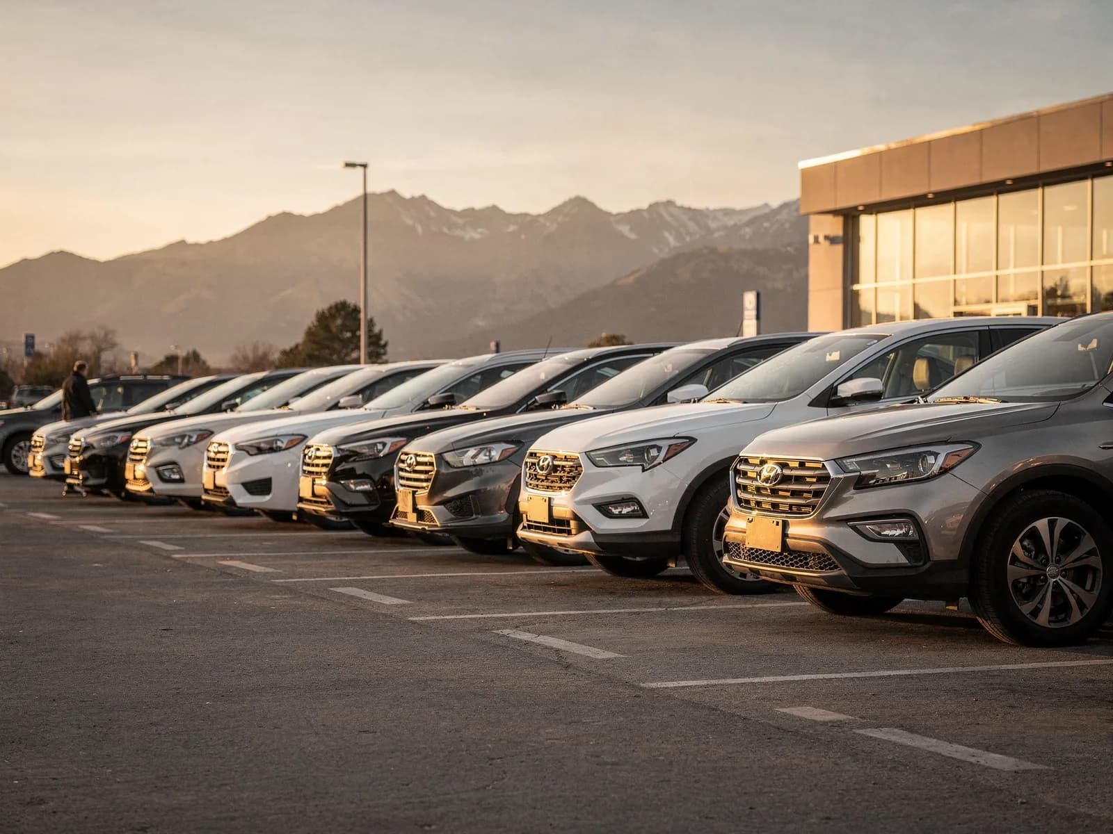 Row of new vehicles on a clean dealership lot at golden hour with the Front Range behind