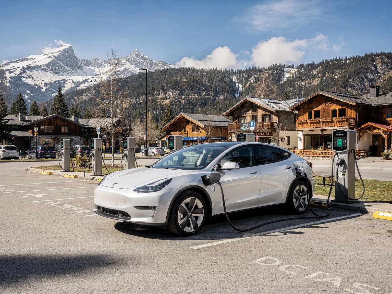 White electric crossover plugged into a DC fast charger at a mountain-town charging plaza in daylight