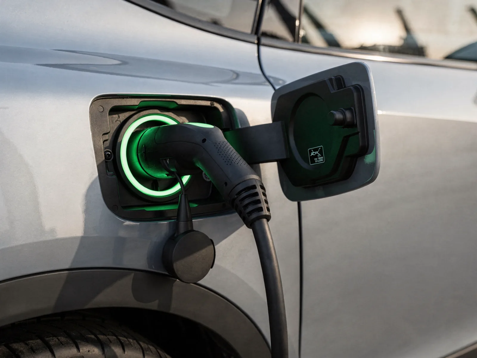 Charge port of an electric crossover open with a CCS connector inserted and the status ring lit