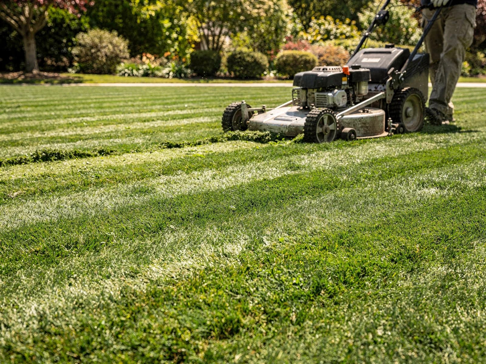 Commercial walk-behind mower cutting clean stripes across a Kentucky bluegrass lawn