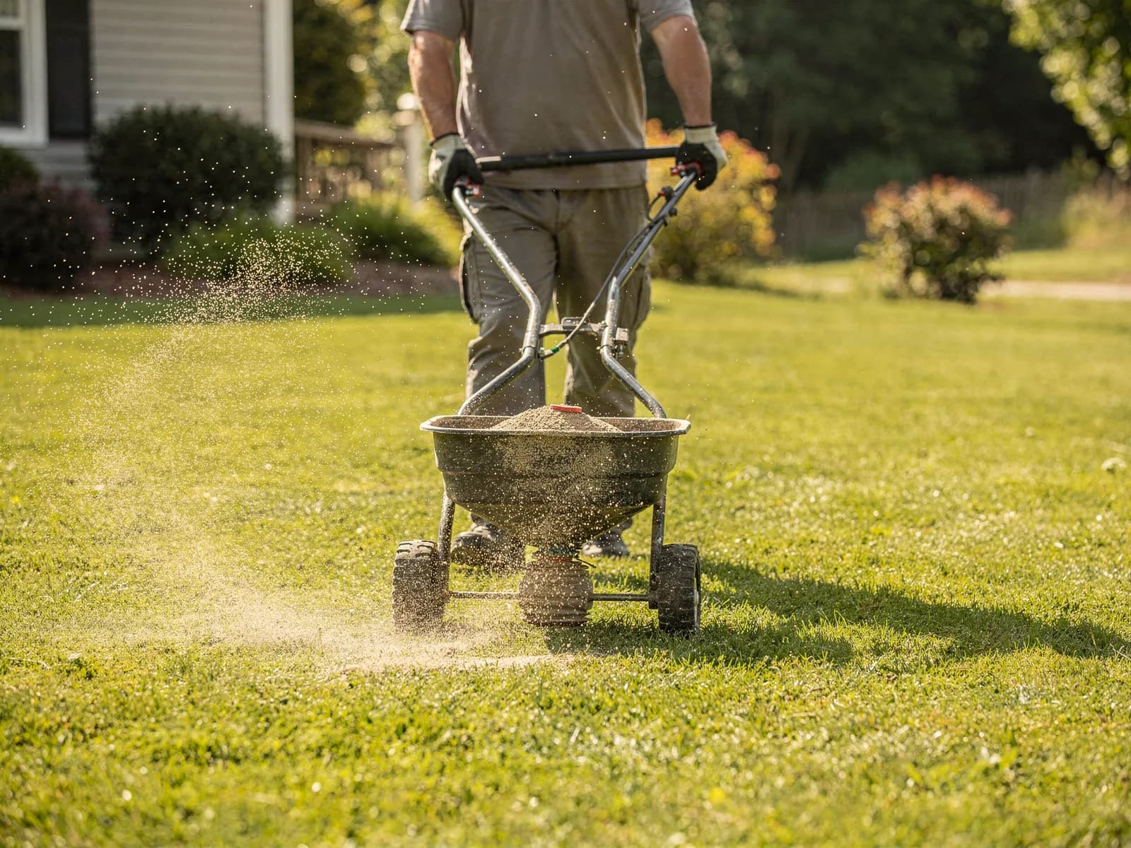 Technician spreading granular fertilizer with a broadcast spreader across a green suburban lawn
