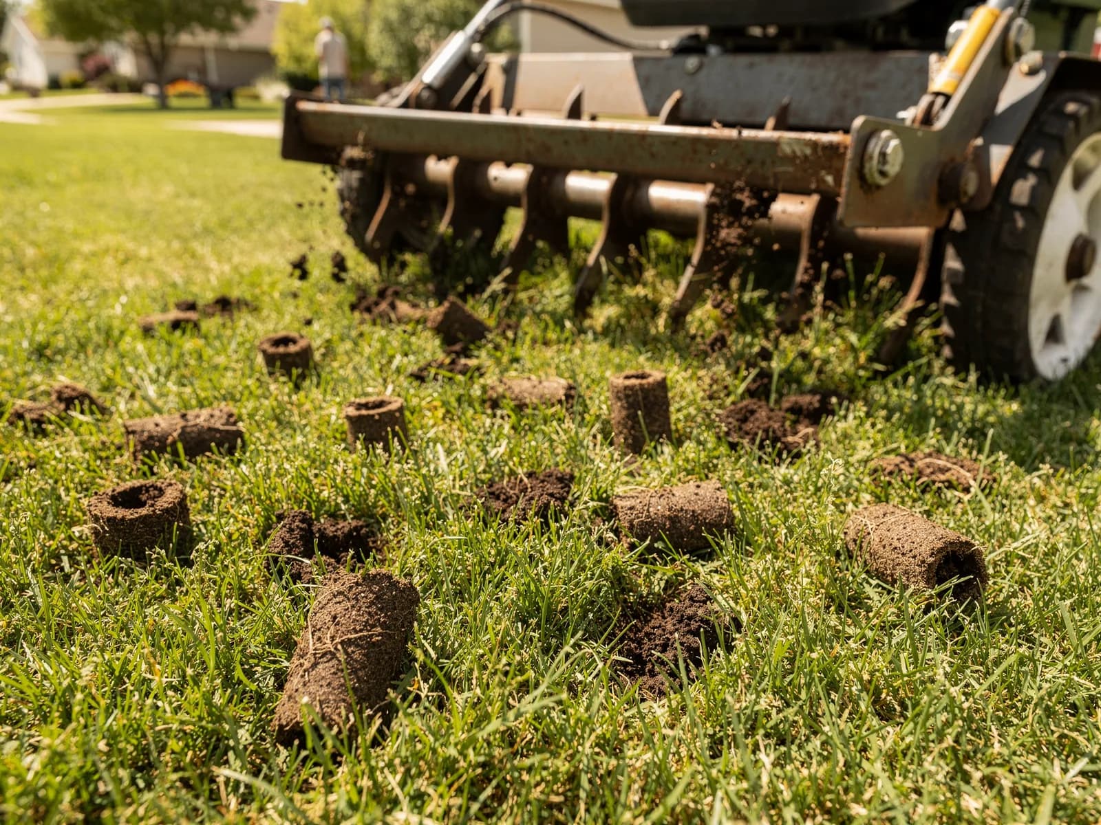 Core aerator pulling soil plugs from a lawn with visible cores scattered across the turf