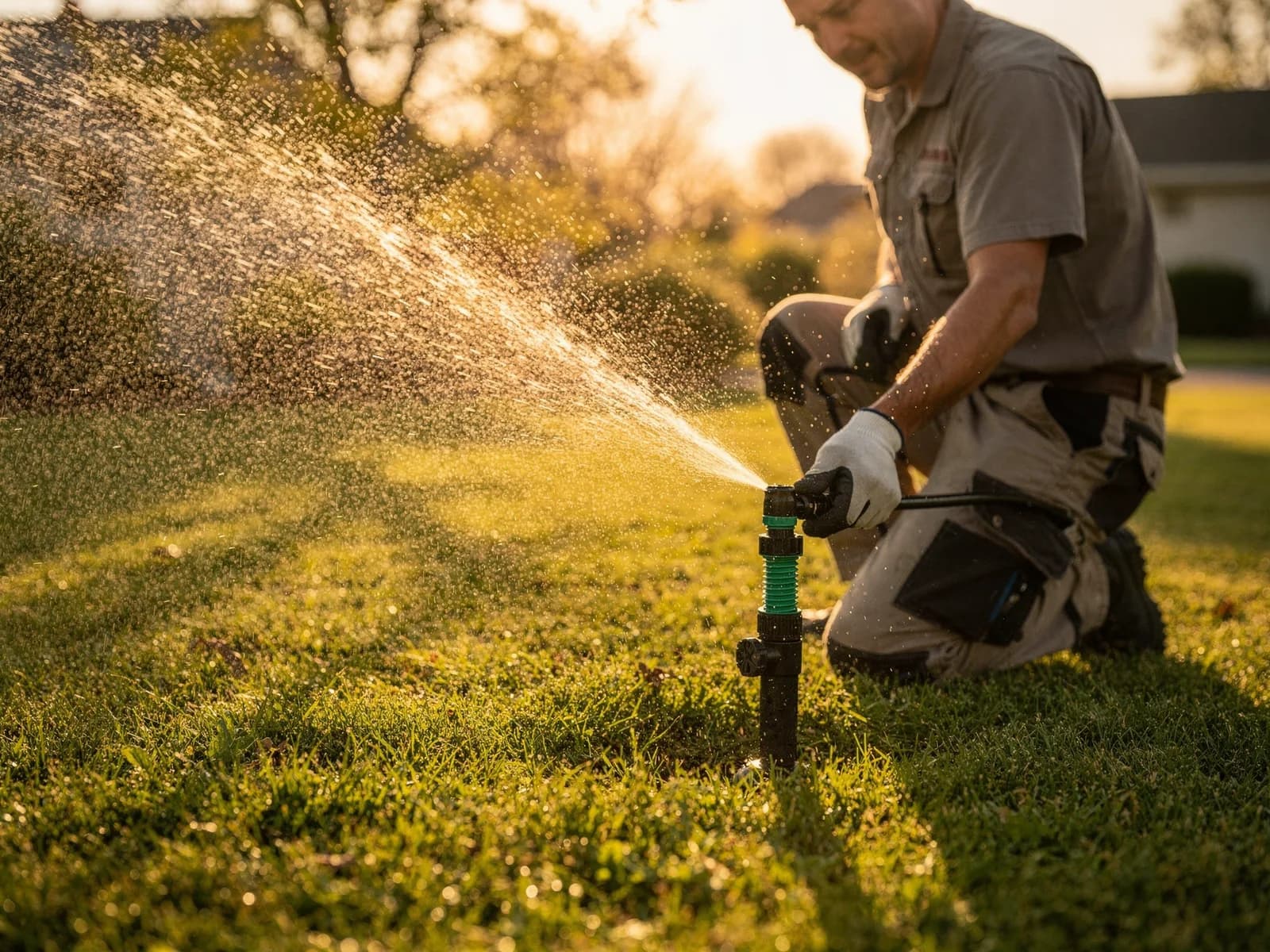 Sprinkler head spraying an arc of water over a lawn at golden hour with a technician adjusting the nozzle