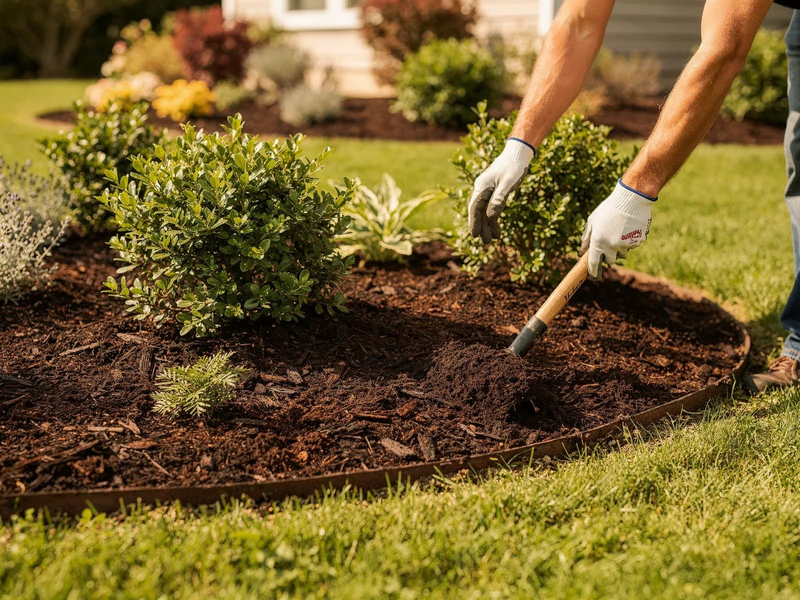 Fresh dark mulch being spread evenly around shrubs in a tidy landscape bed