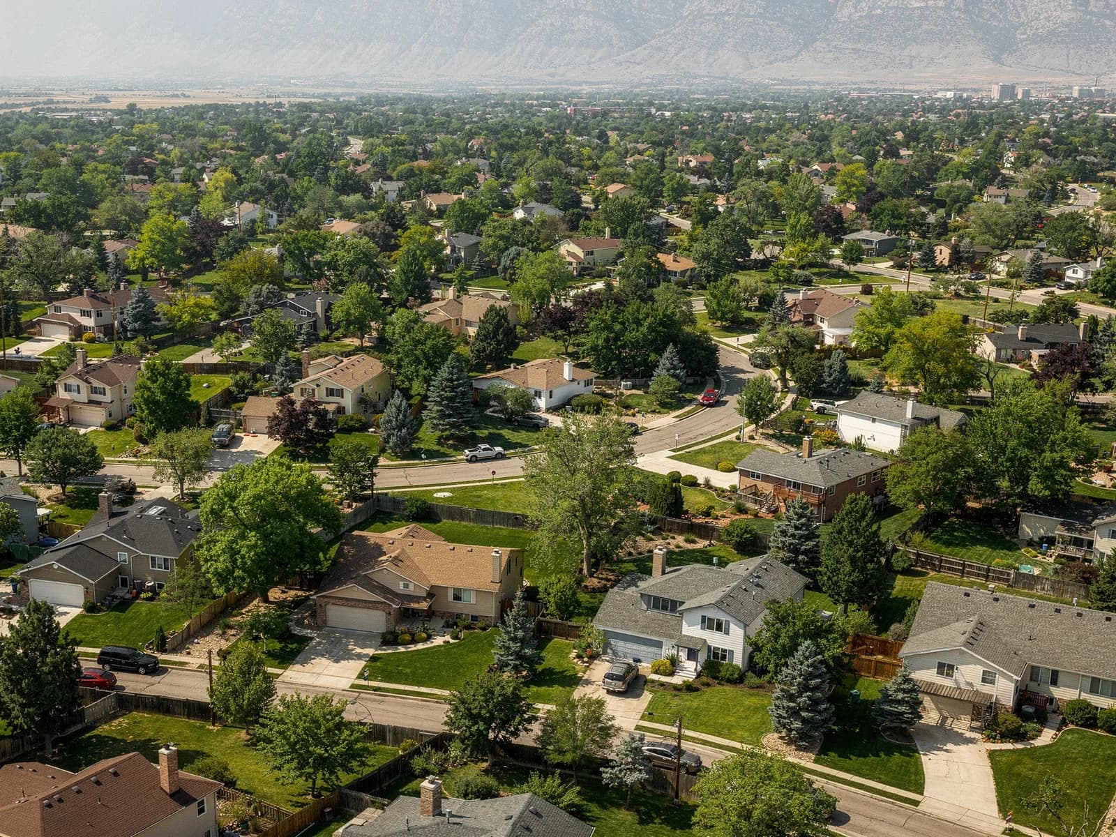 Map-like aerial of west Denver suburbs showing tree-lined residential streets and green front lawns
