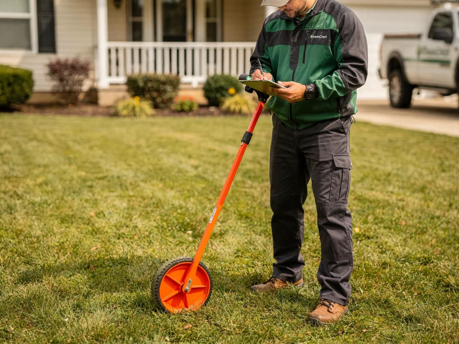 GreenCrest crew lead measuring a front lawn with a wheel while making notes on a tablet