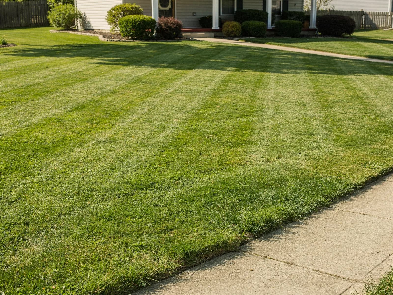 Neatly striped small suburban front lawn after a weekly mow with crisp edges along the sidewalk