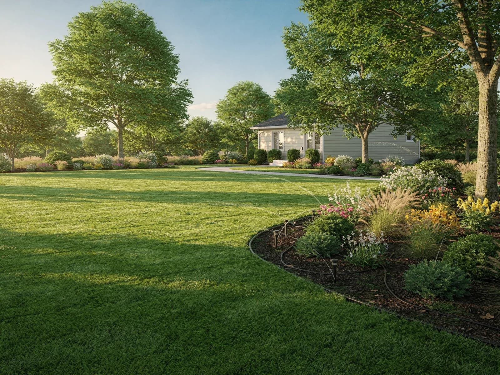 Large manicured lawn on a quarter-acre property with mature trees and an irrigated planting bed