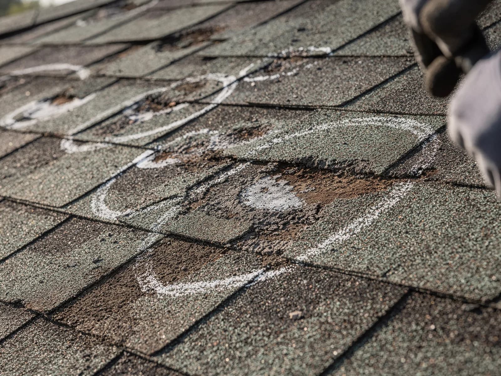 Close-up of hail-bruised asphalt shingles with chalk circles marking impact points