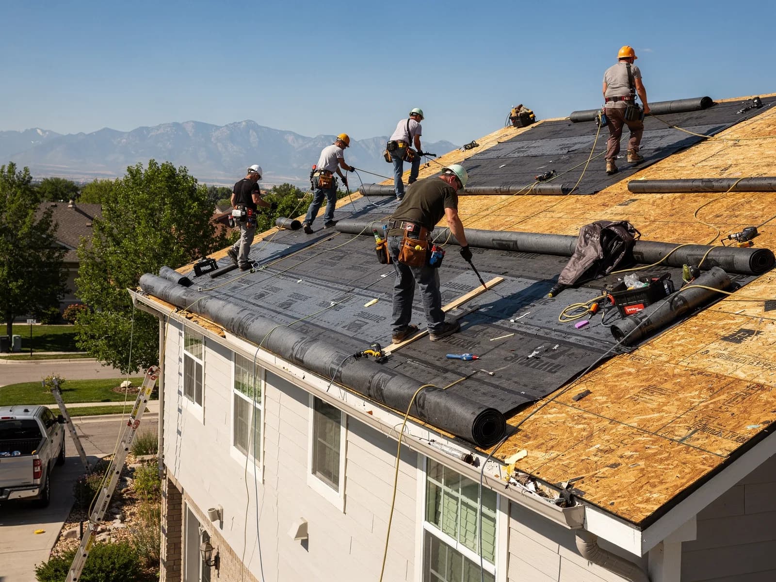 Roofing crew laying underlayment across a stripped deck on a suburban Colorado home