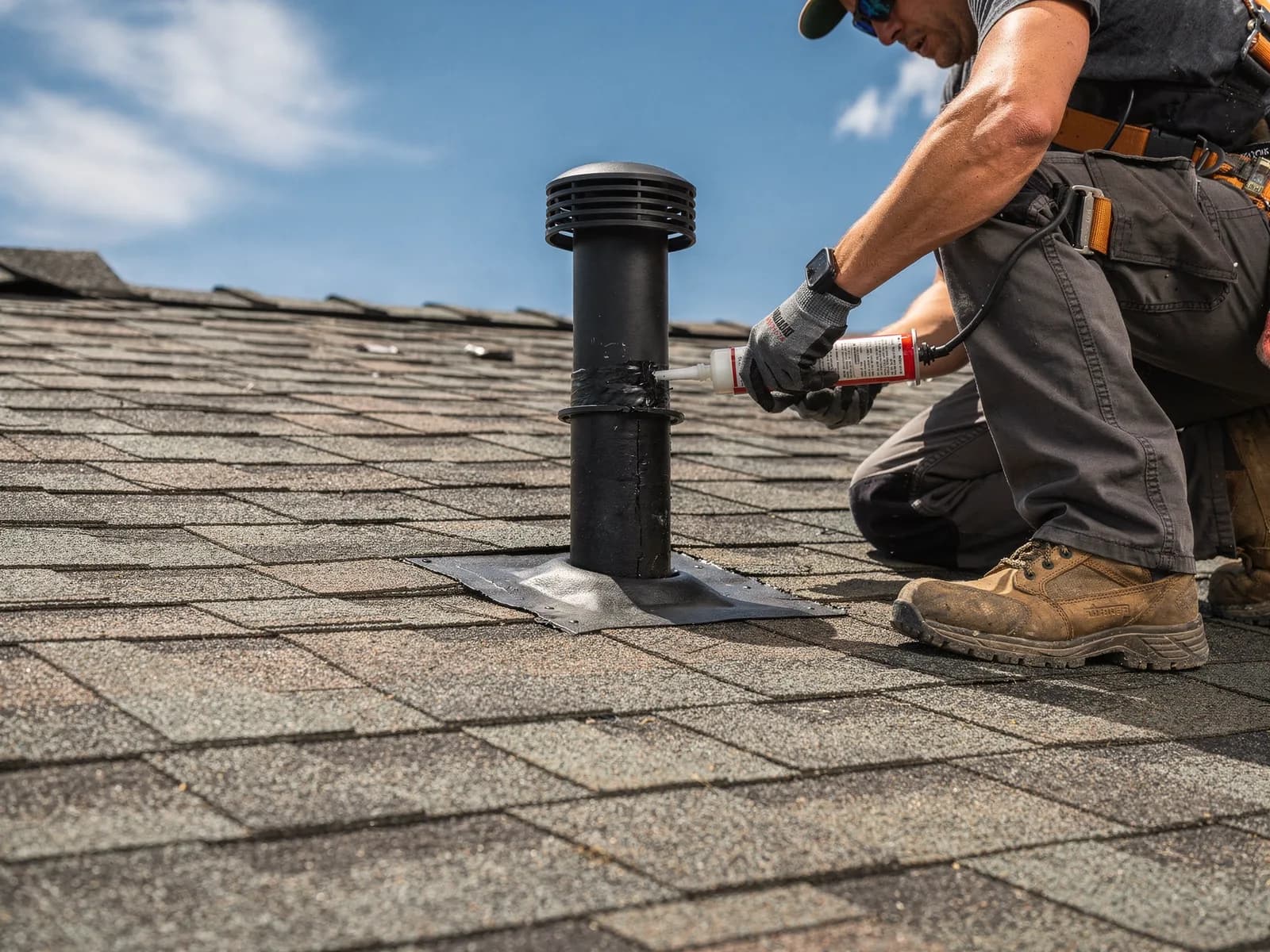 Roofer sealing a pipe boot flashing on a shingle roof against a blue Colorado sky