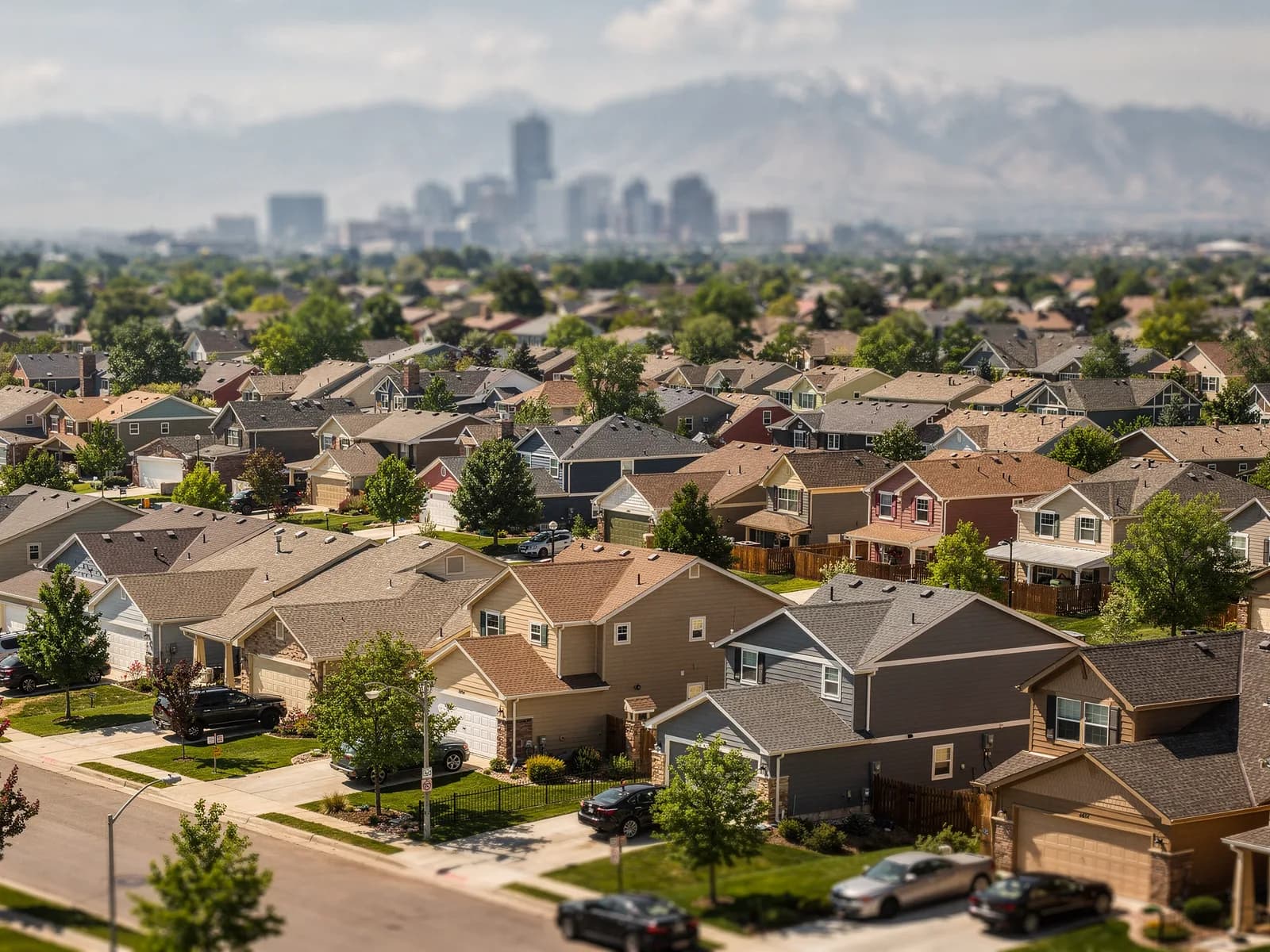 Aerial view of a Denver-metro residential neighbourhood showing rows of pitched shingle roofs