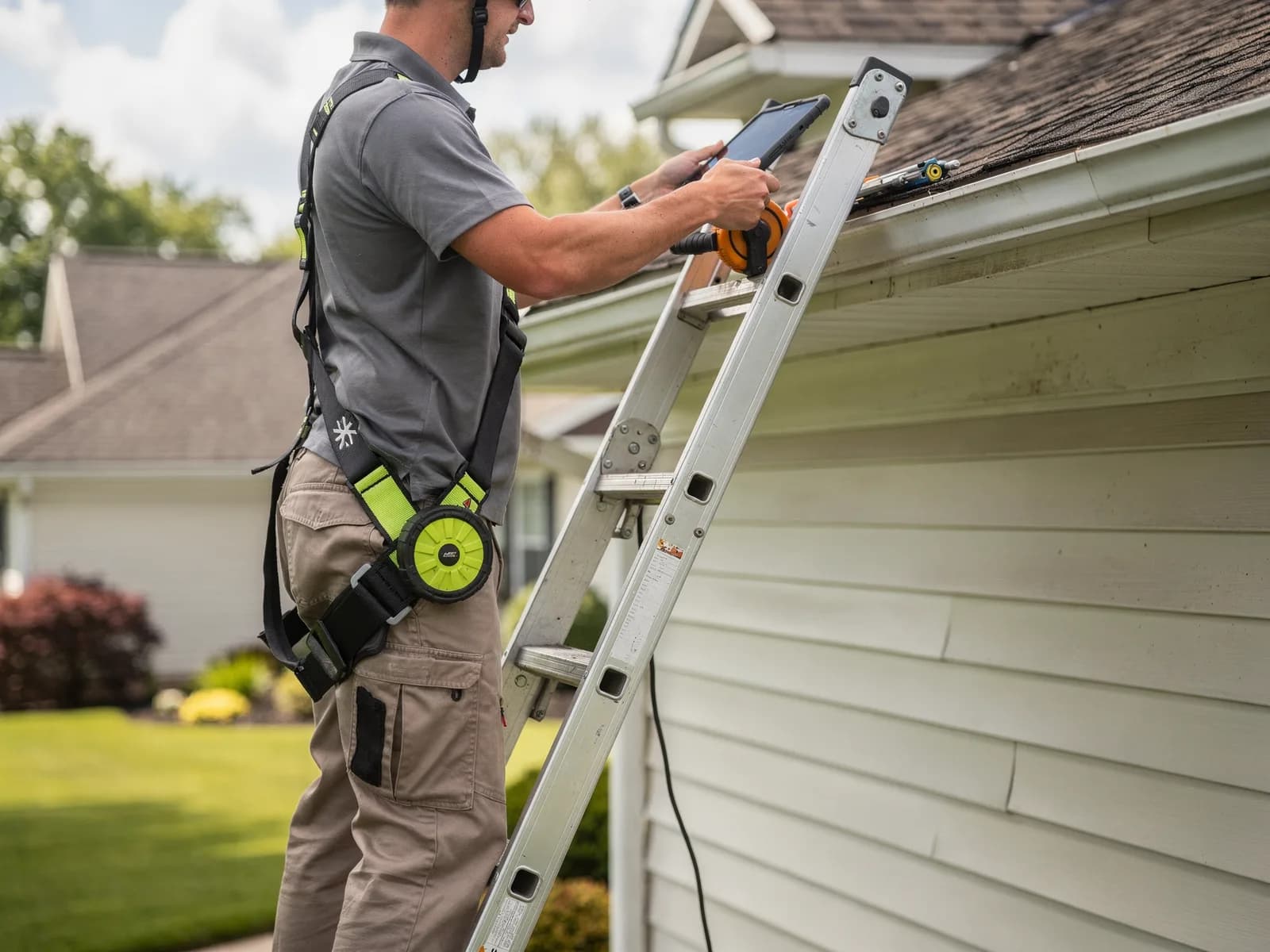 Summit Ridge estimator on a ladder at the eave of a suburban home with a measuring wheel and tablet