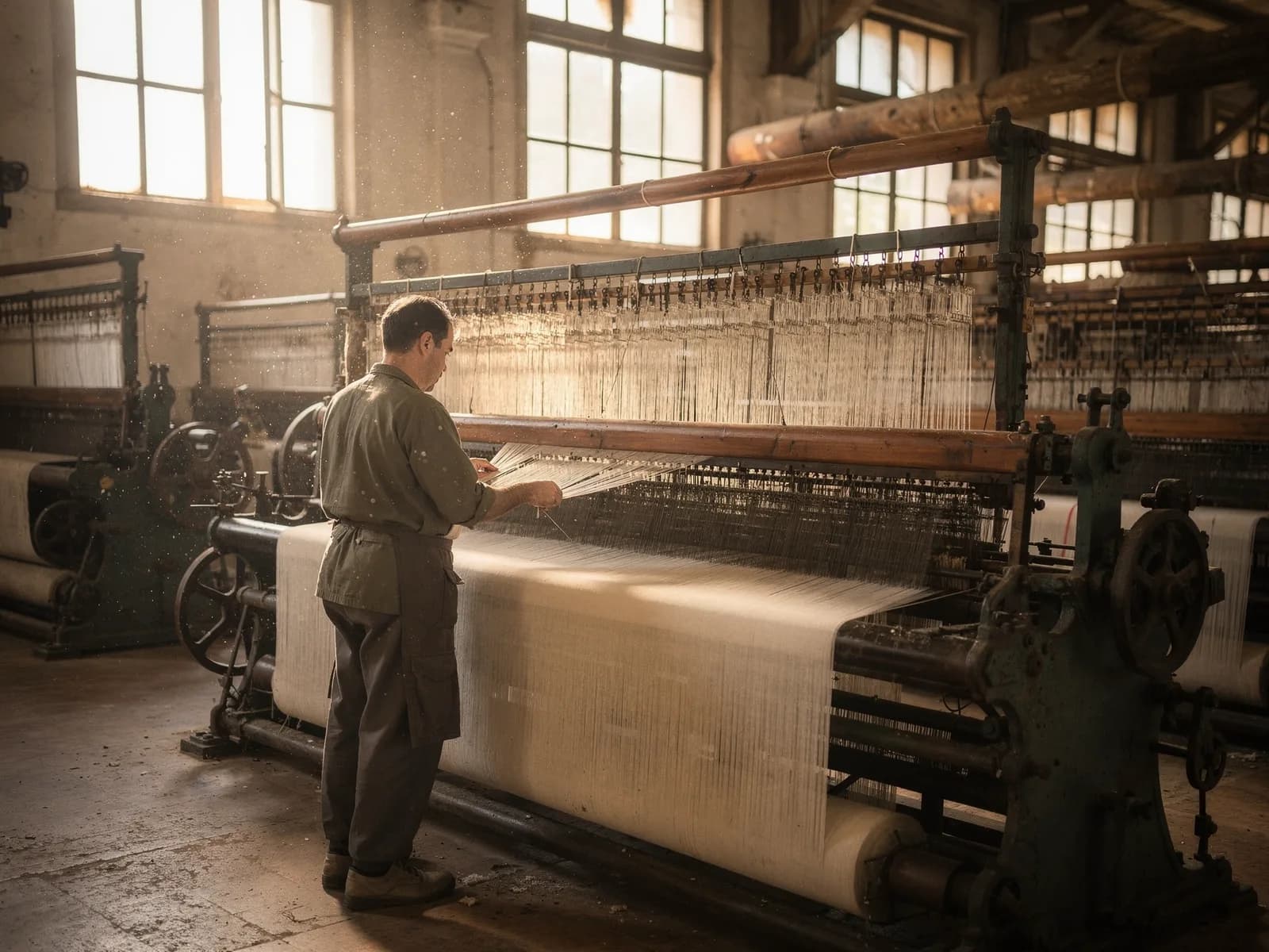 Weaver adjusting the warp threads on a large jacquard loom in a traditional Portuguese textile mill