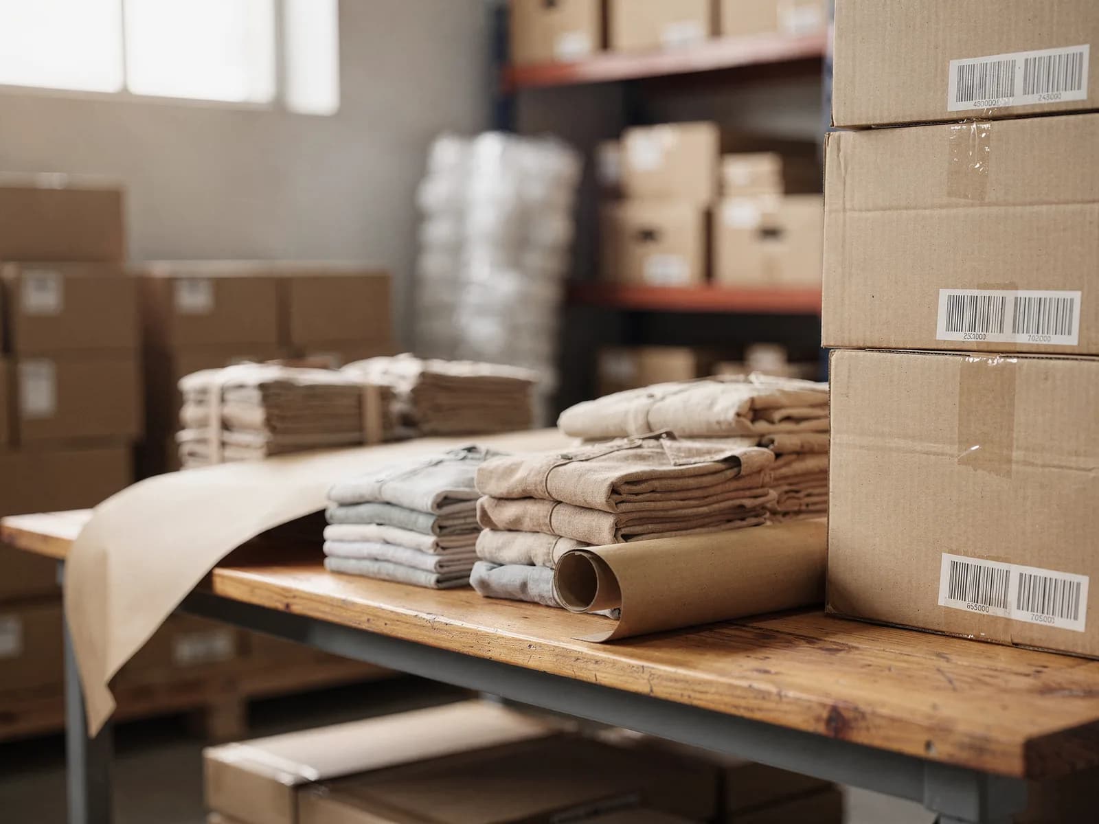 Packing bench in a small warehouse with folded goods, kraft paper and a stack of labelled cartons