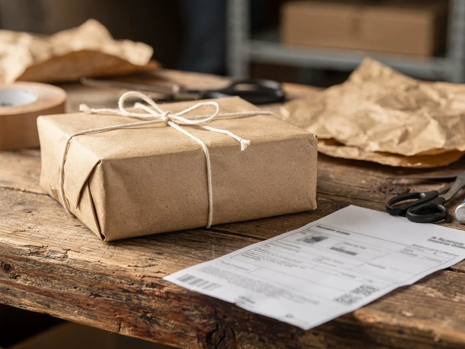 Kraft-paper-wrapped parcel tied with cotton string on a packing bench beside a printed order slip