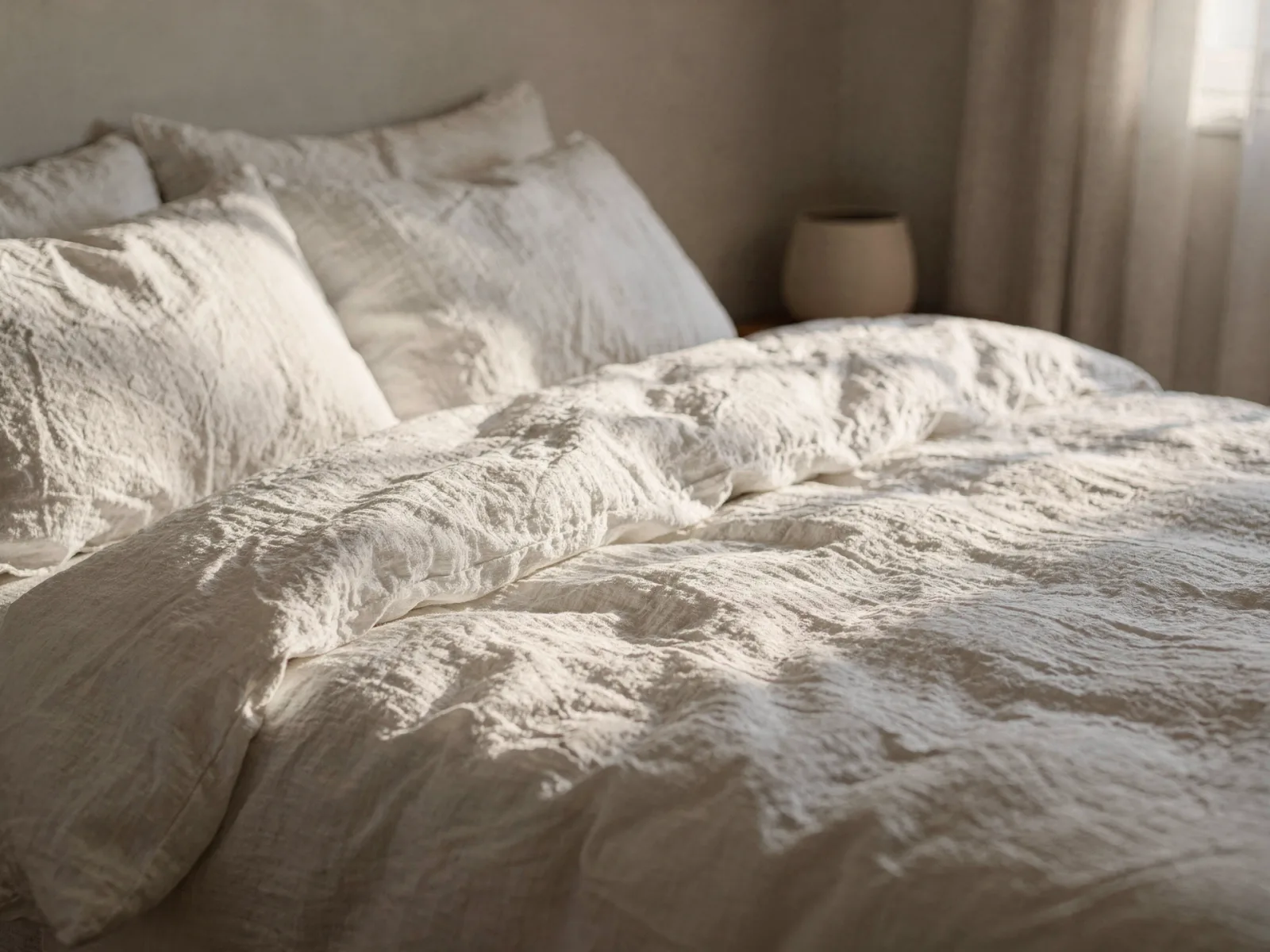 Rumpled chalk-white stonewashed linen duvet and shams on a bed in soft morning window light