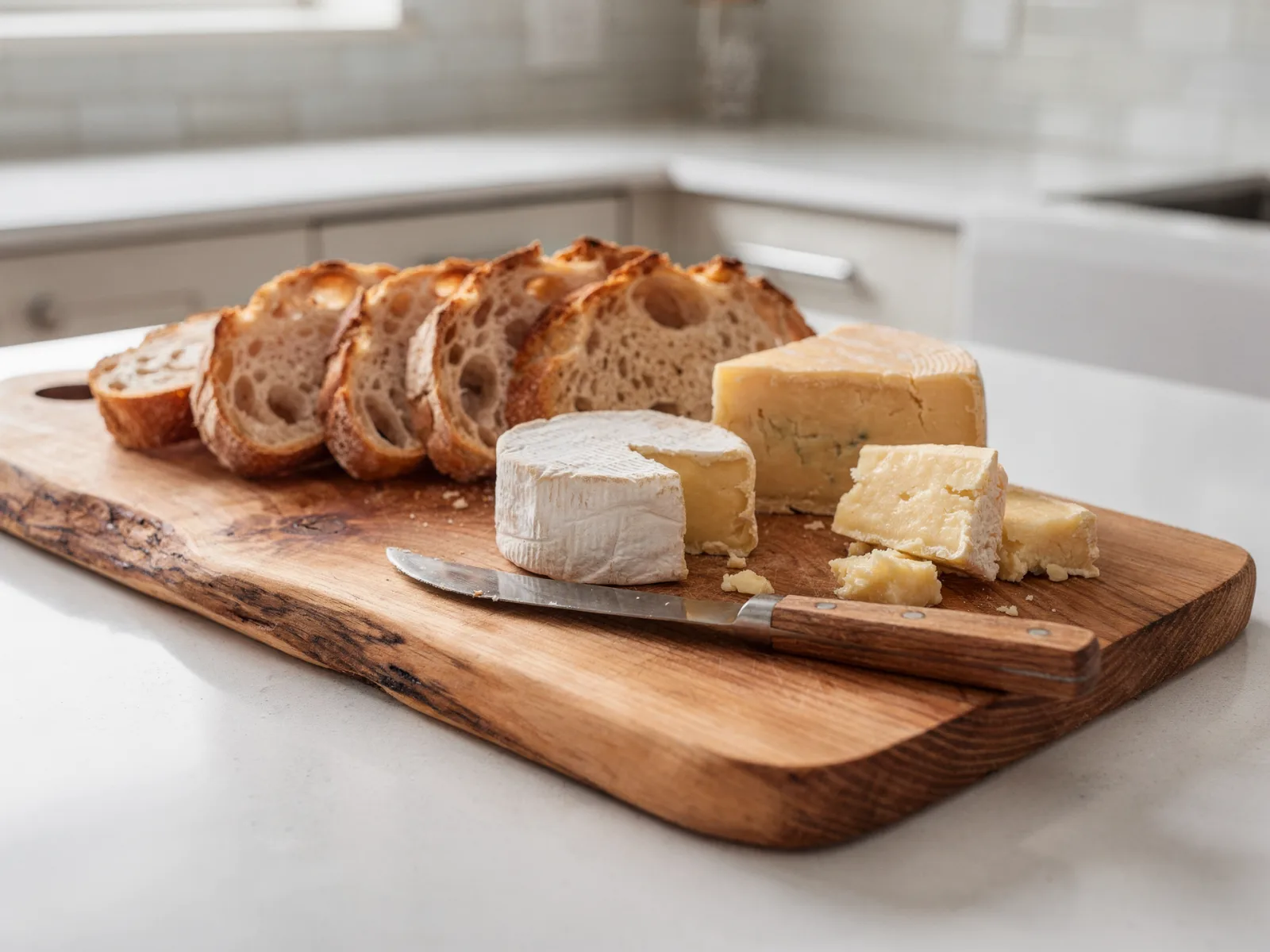Long single-slab white oak serving board on a kitchen counter with bread, cheese and a knife arranged on it